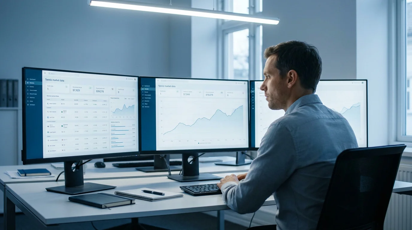 An analyst reviewing a flagged tennis match alert at a tidy desk
