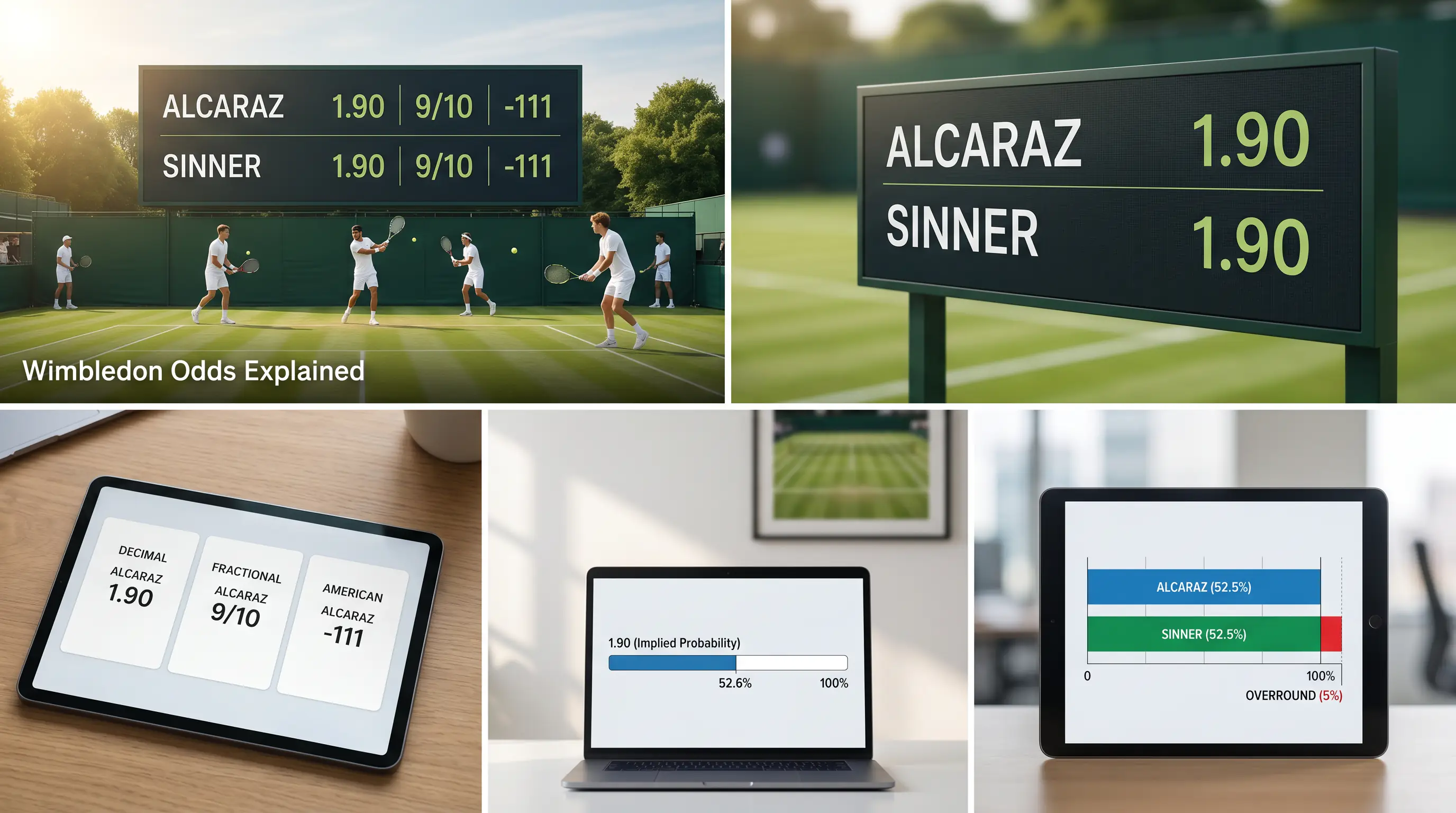 Two-way tennis price illustrating the bookmaker margin or overround above 100 percent