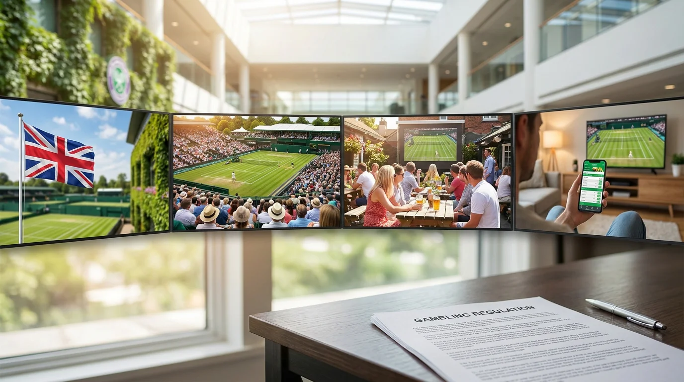 A British fan placing a tennis bet on a phone while watching Wimbledon at home