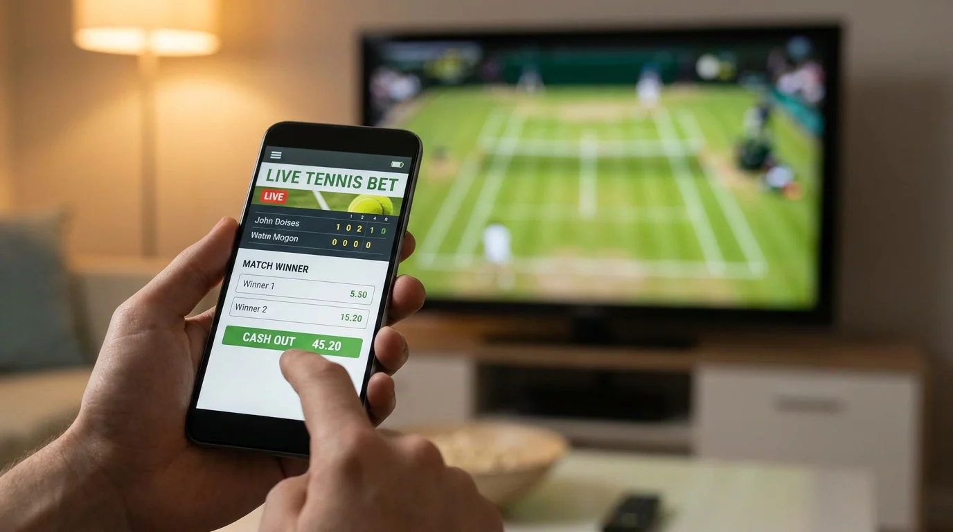 A finger hovering over a cash-out button on a live tennis bet