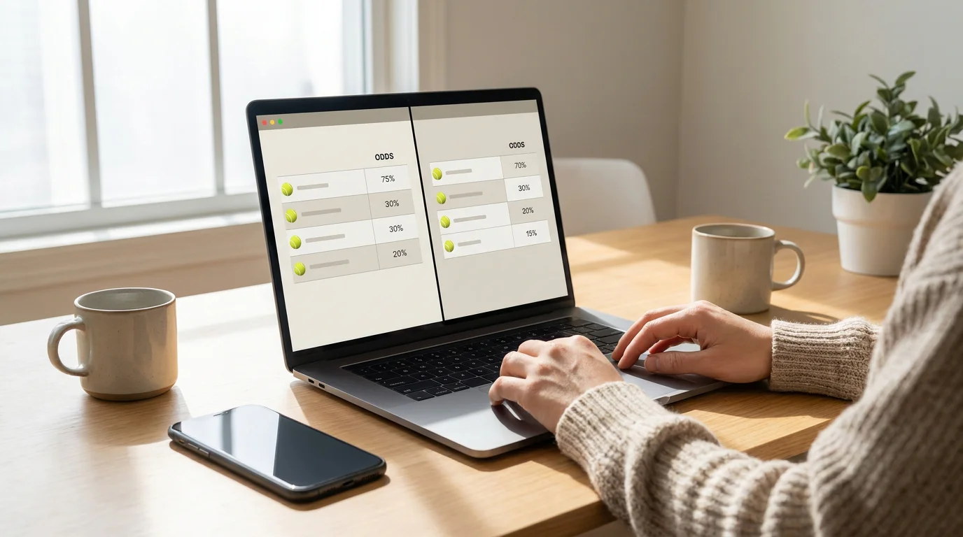 A laptop open to two tennis betting sites being compared feature by feature