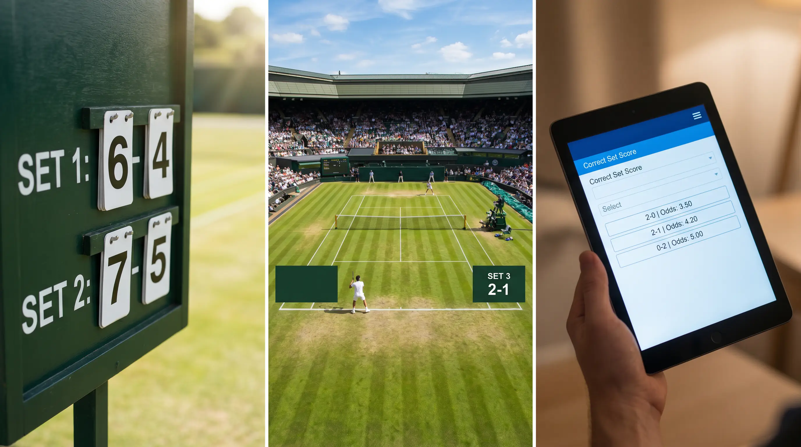 A betting screen listing correct-set-score options for a Wimbledon singles match