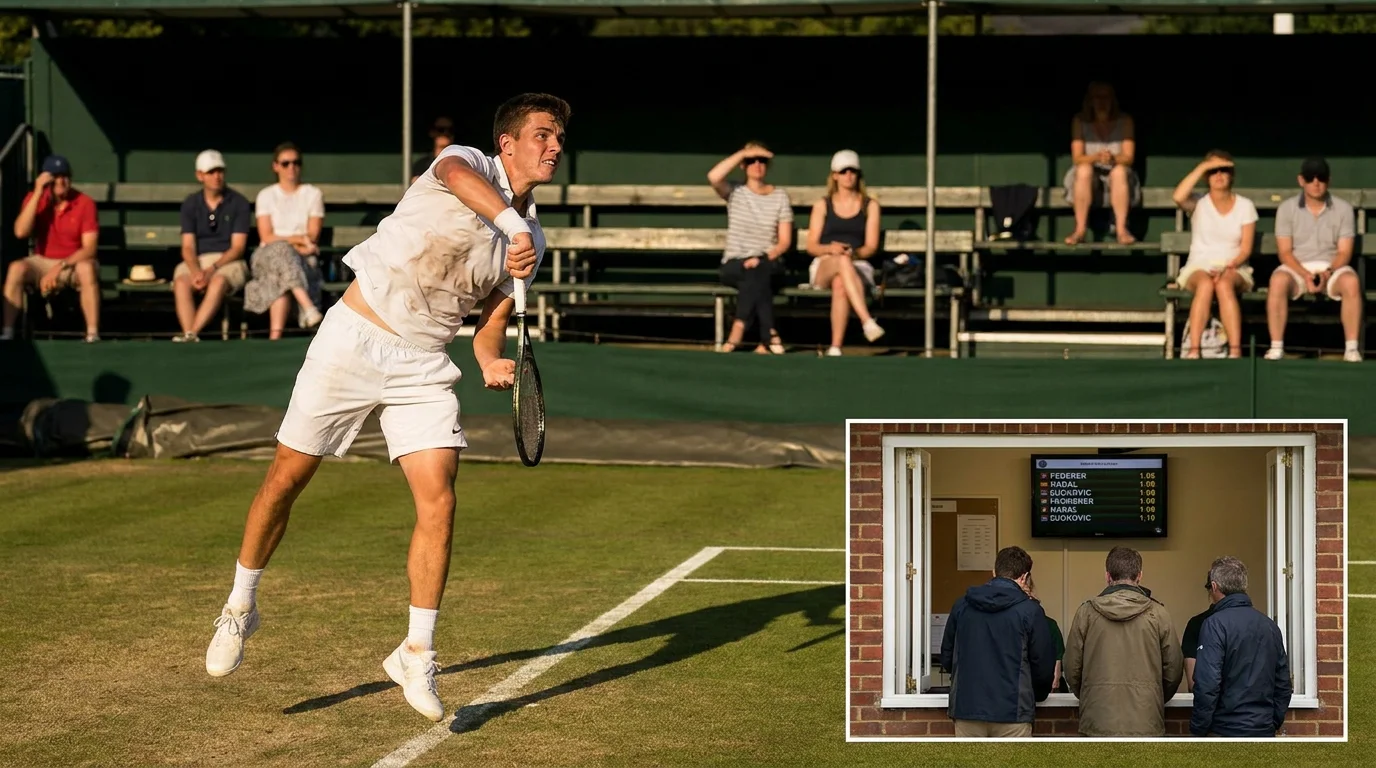 Bettors crowding around a screen showing short prices on the Wimbledon favourites