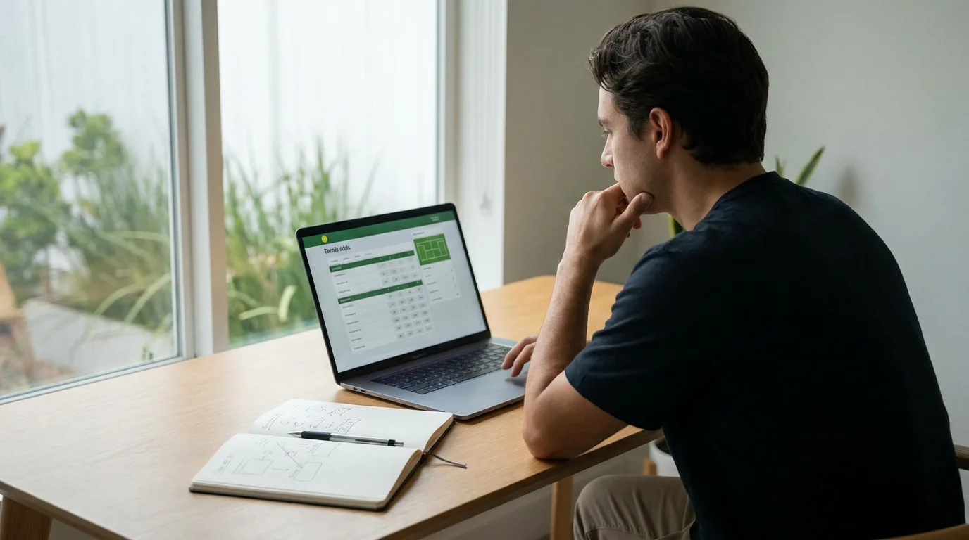 A calm spectator watching a Wimbledon match with a small notebook, betting with discipline