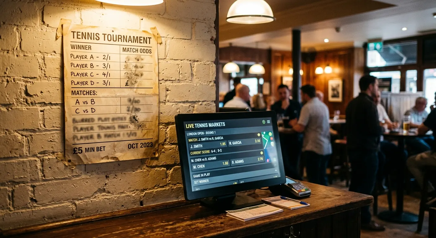 Old printed odds boards beside a modern screen showing how tennis betting evolved