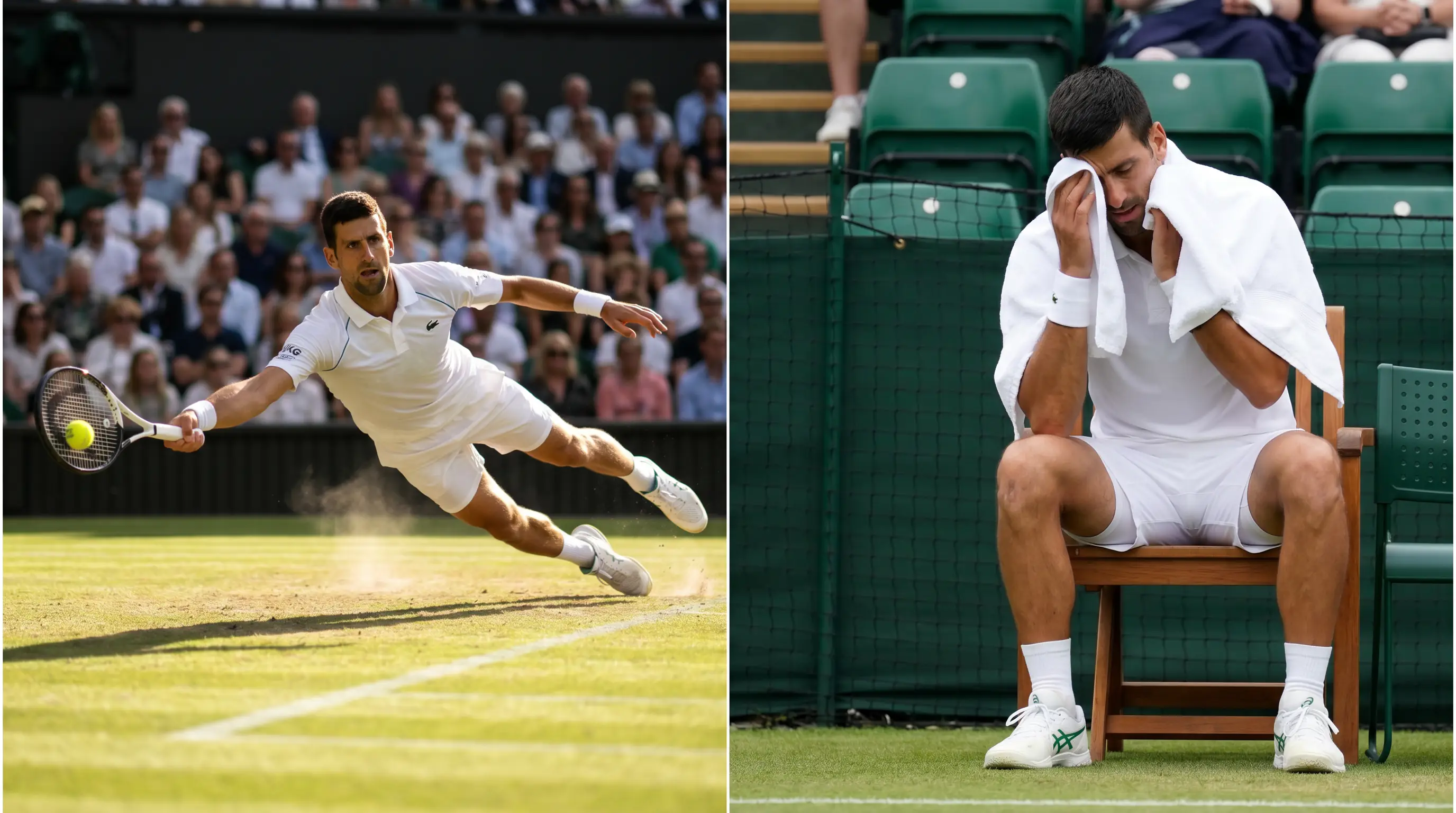 A weary men's singles player resting on a changeover chair during a five-set Wimbledon match