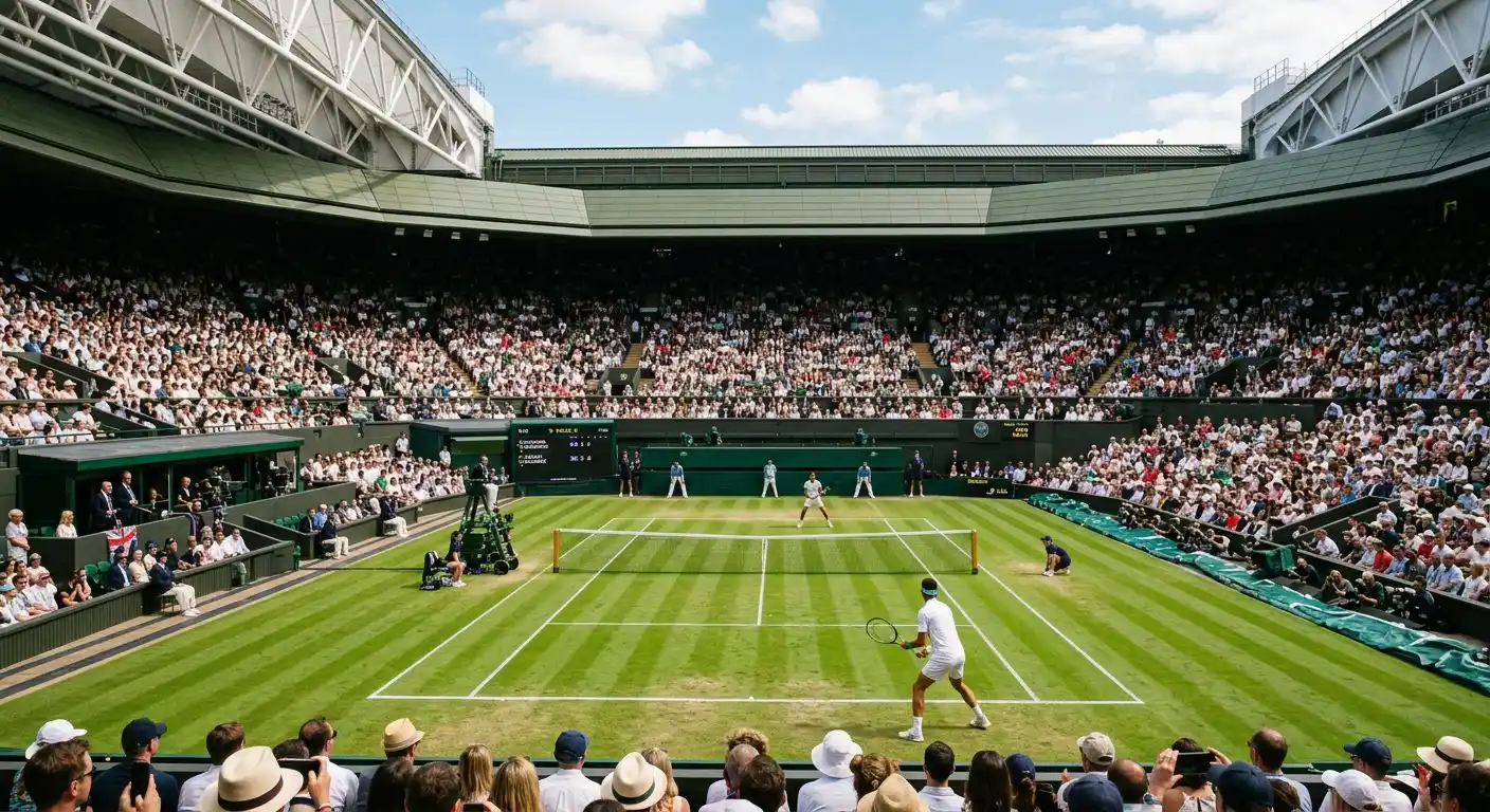 A packed Wimbledon show court during a Grand Slam match drawing intense scrutiny
