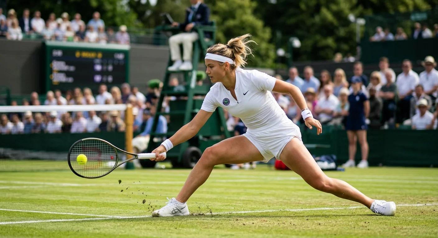 Player sliding into a low backhand showing grass-court movement and footwork