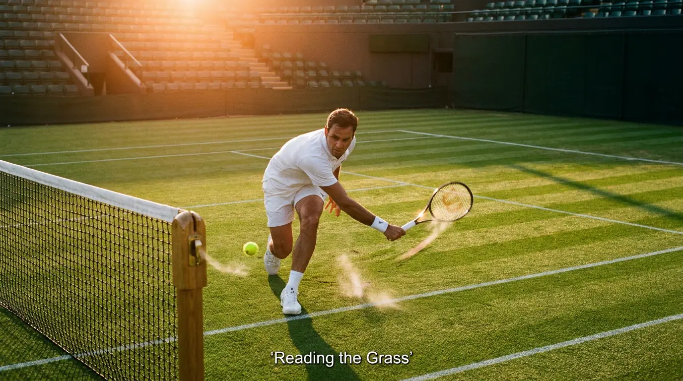 Server striking a low skidding ball on a Wimbledon grass court