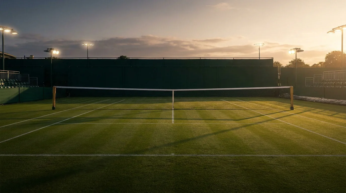 A big-serving grass-court specialist following through on a powerful serve under bright Wimbledon light