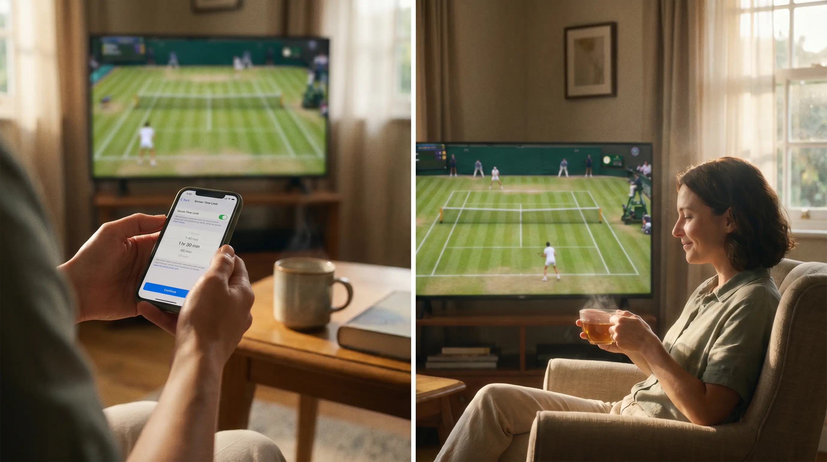 A person watching Wimbledon calmly at home with a balanced, healthy approach to betting