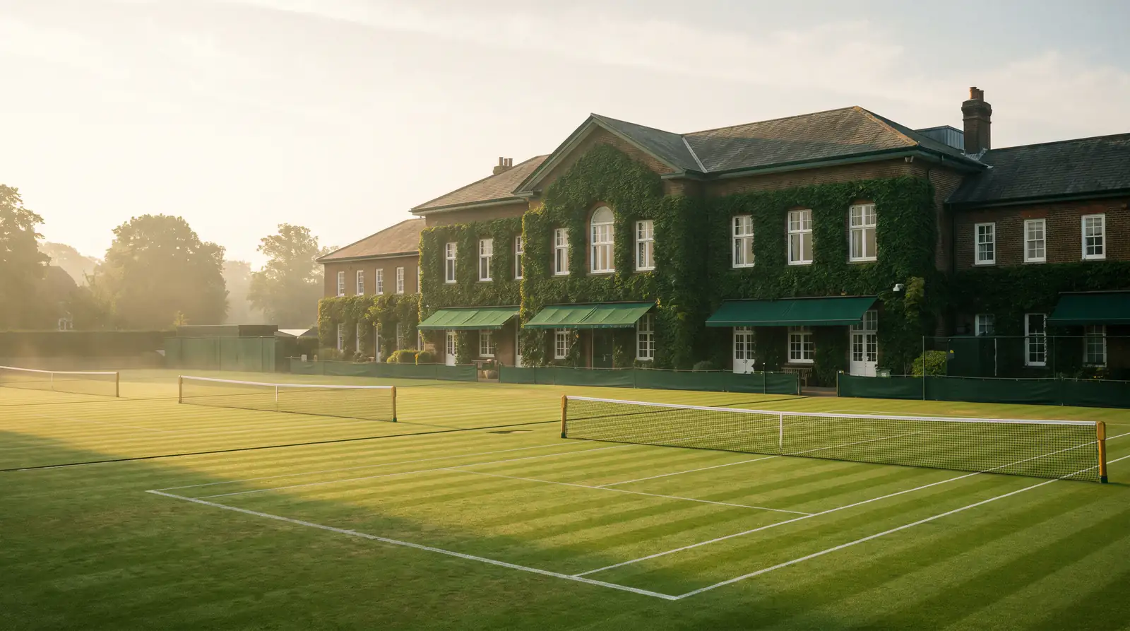 The historic Wimbledon clubhouse and grass courts on a calm morning