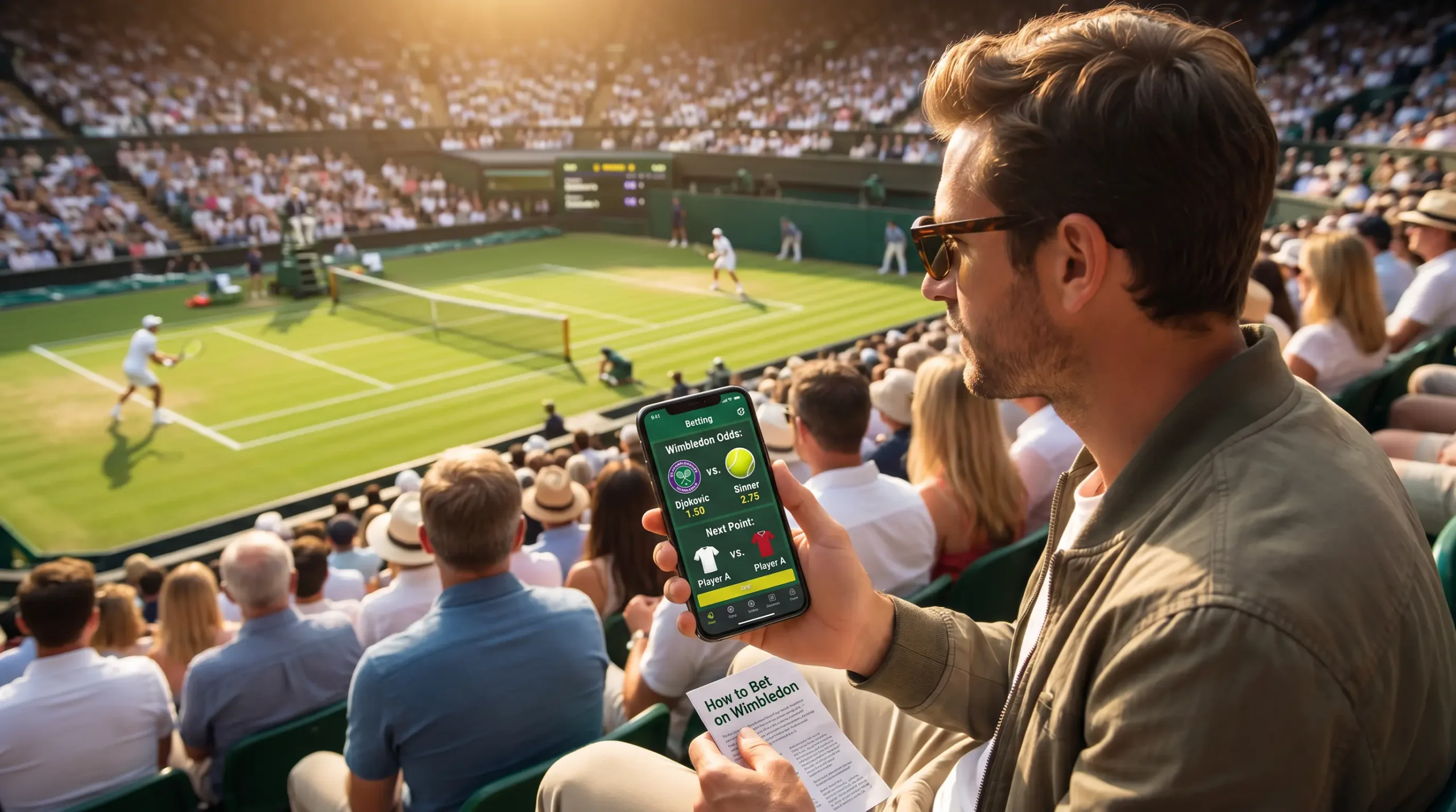 Tennis fan placing a Wimbledon bet on a phone beside a grass court