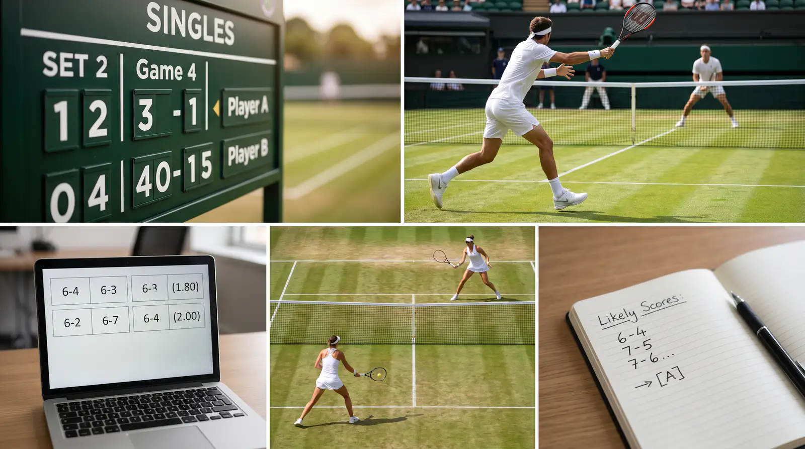 A notebook mapping the most likely scorelines for a grass-court match