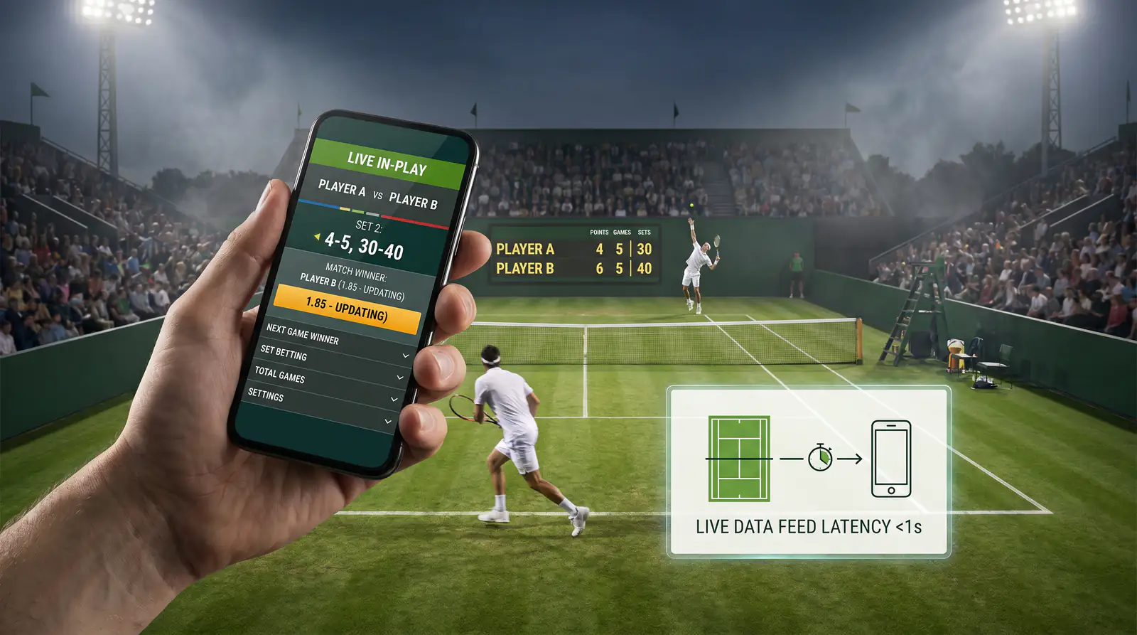 Court-side tennis data feed reaching a bettor's screen with a time lag