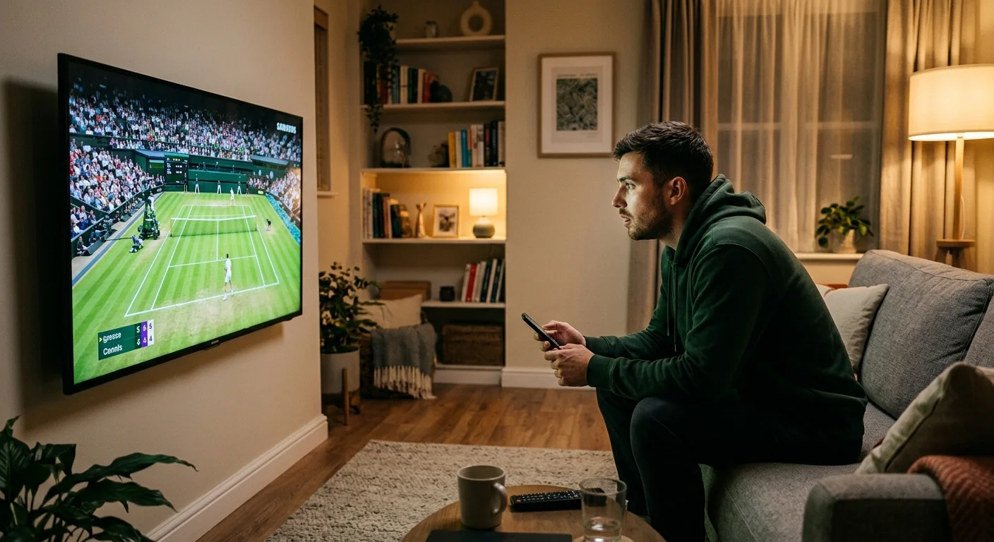 A bettor watching a live Wimbledon grass-court match before deciding to cash out