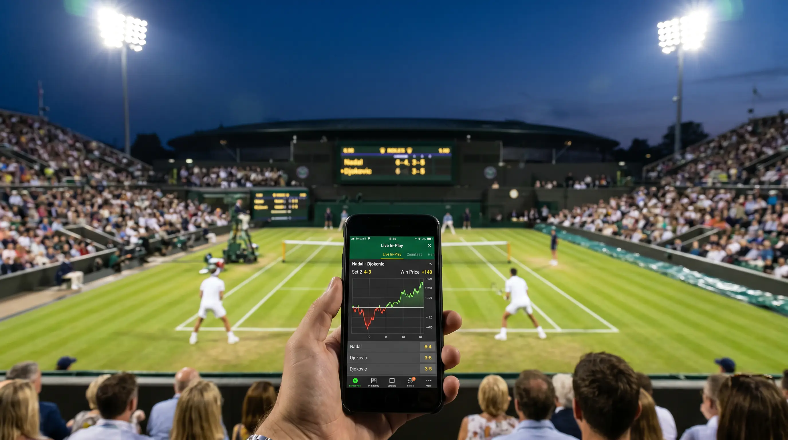 In-play tennis market menu listing live match winner, set and total games bets