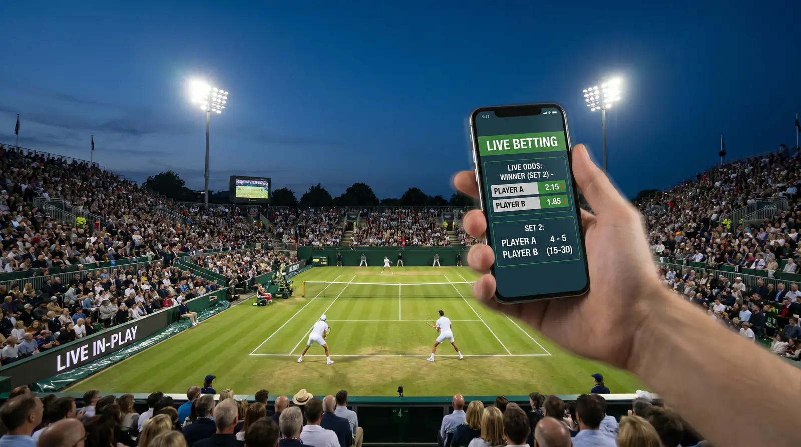 Live Wimbledon betting on a phone with in-play prices updating during a grass-court match