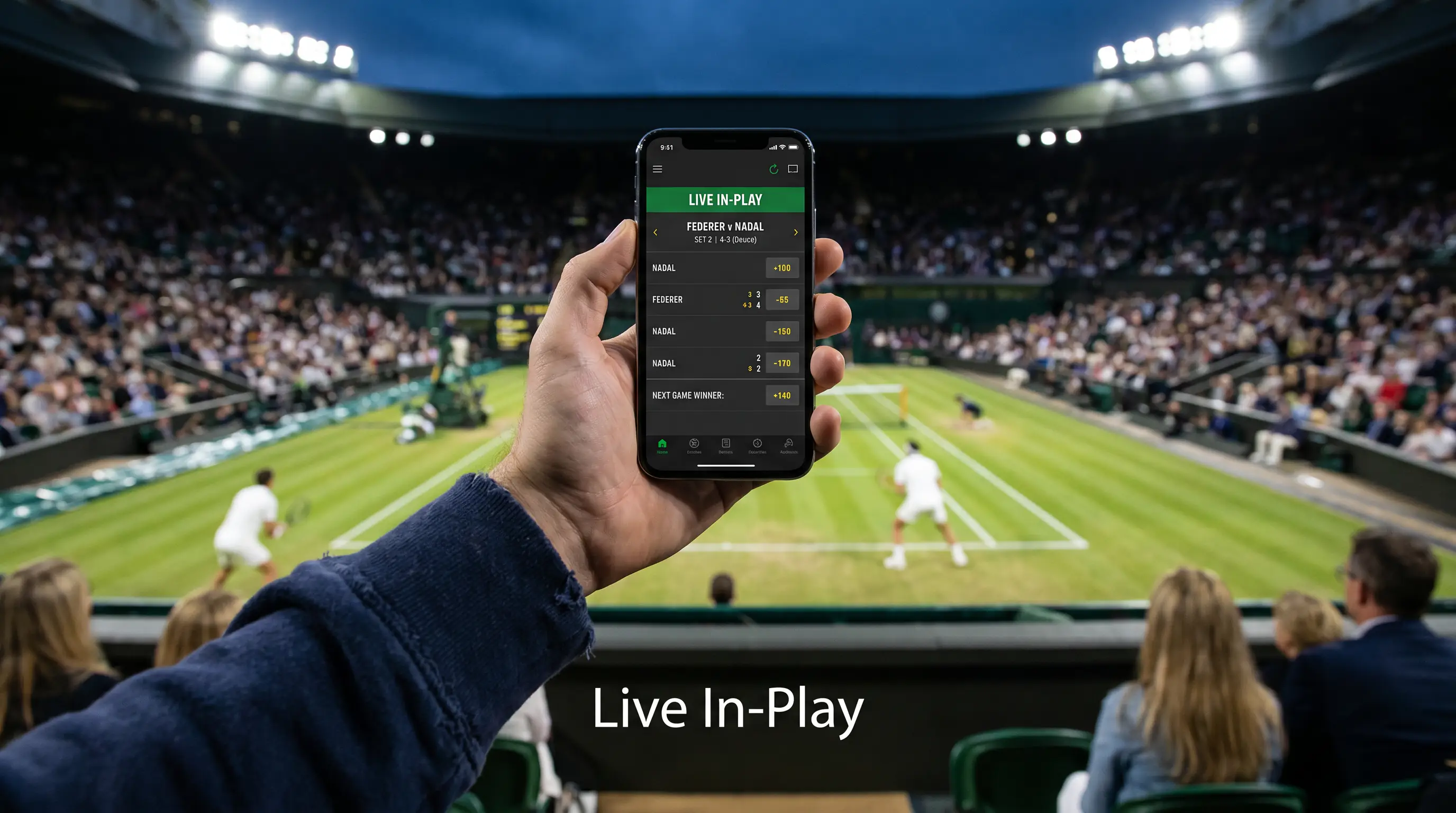 Live in-play Wimbledon betting on a phone during a grass-court match