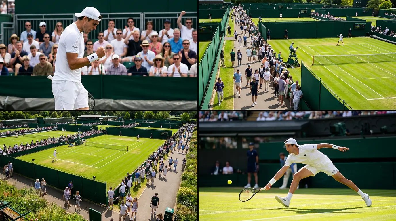 A returner struggling with a low skidding serve on fast Wimbledon grass