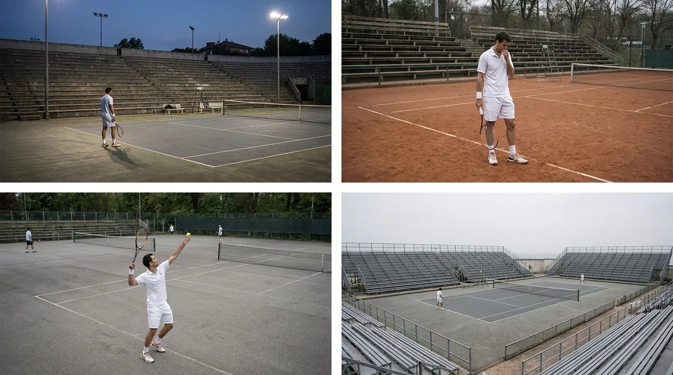 A near-empty lower-tier court showing the structural vulnerability of the tour
