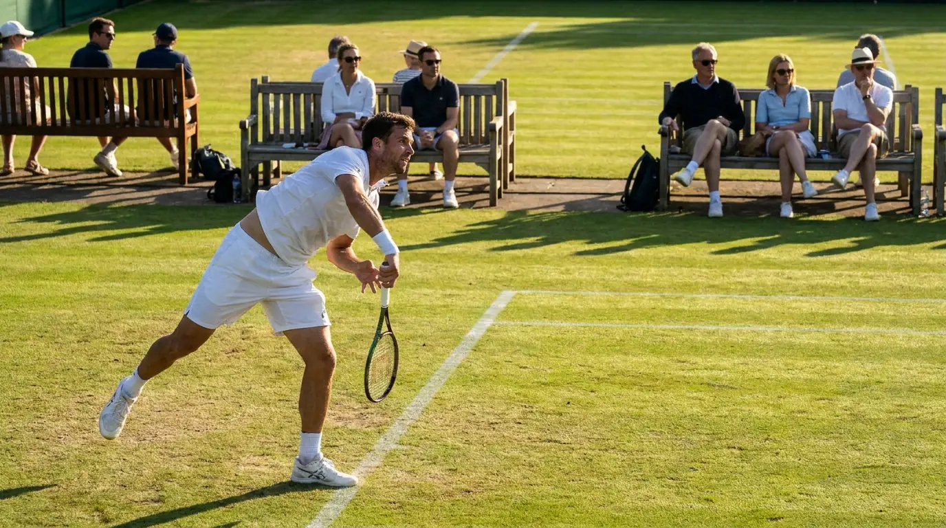 An overlooked player warming up on a Wimbledon practice court before a match