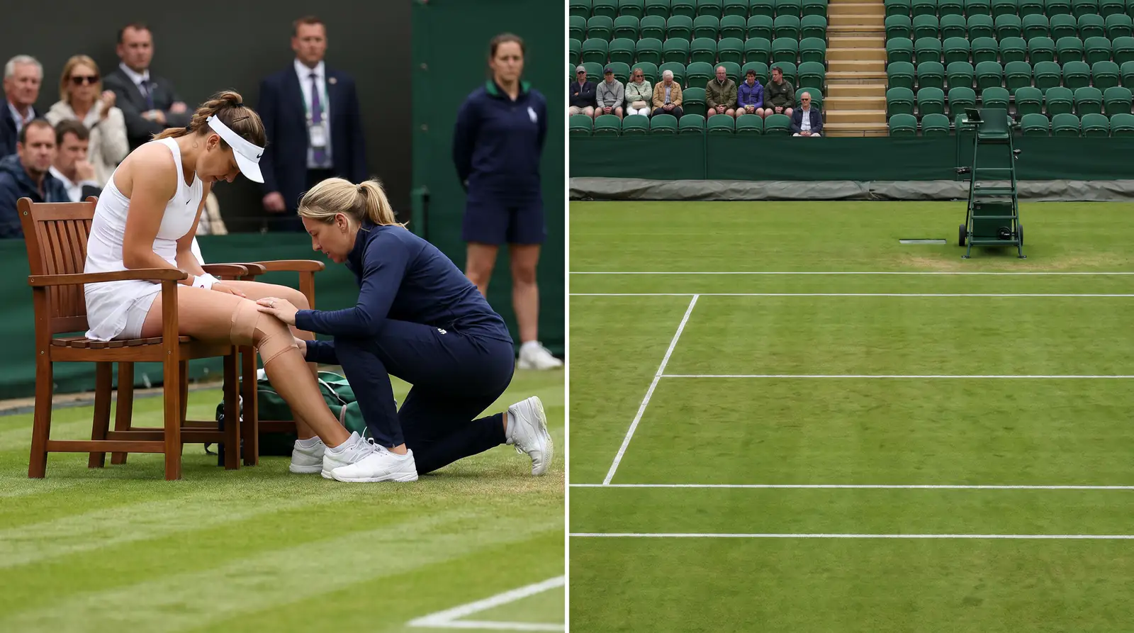 An empty Wimbledon court after a player has pulled out before a match