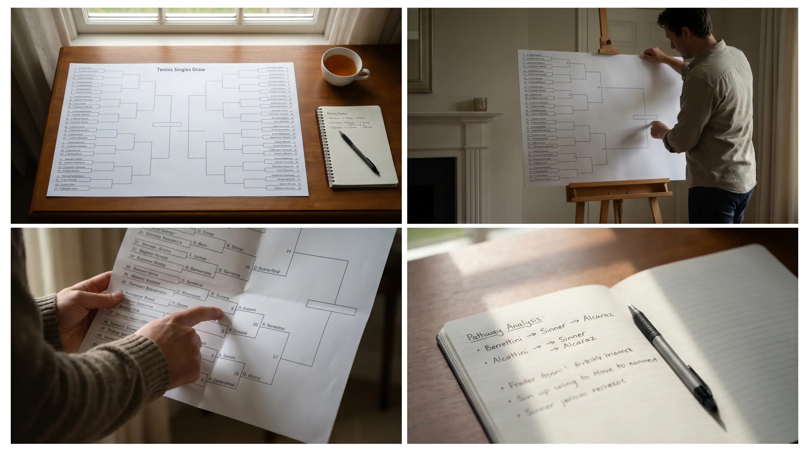 Handwritten notes scoring the difficulty of a player's path through the Wimbledon draw