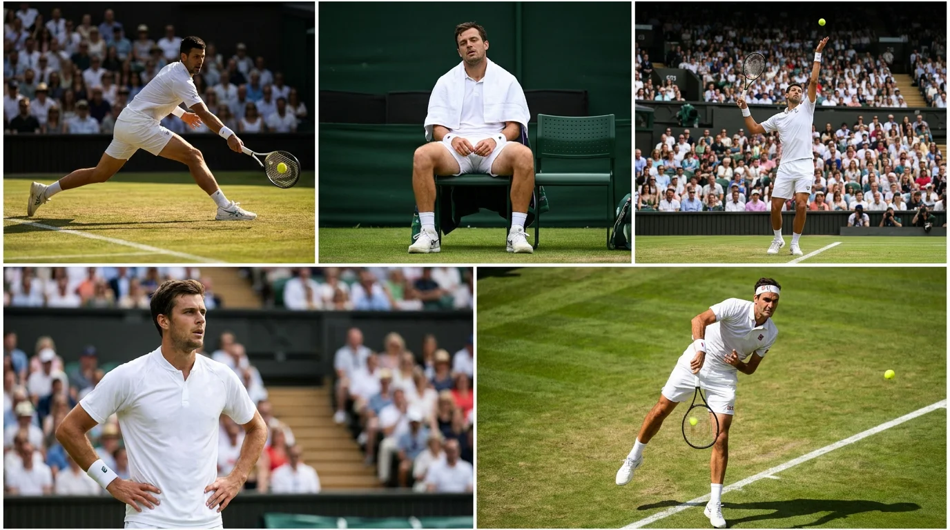 A heavy server unloading a first serve on Wimbledon grass with motion blur on the racket