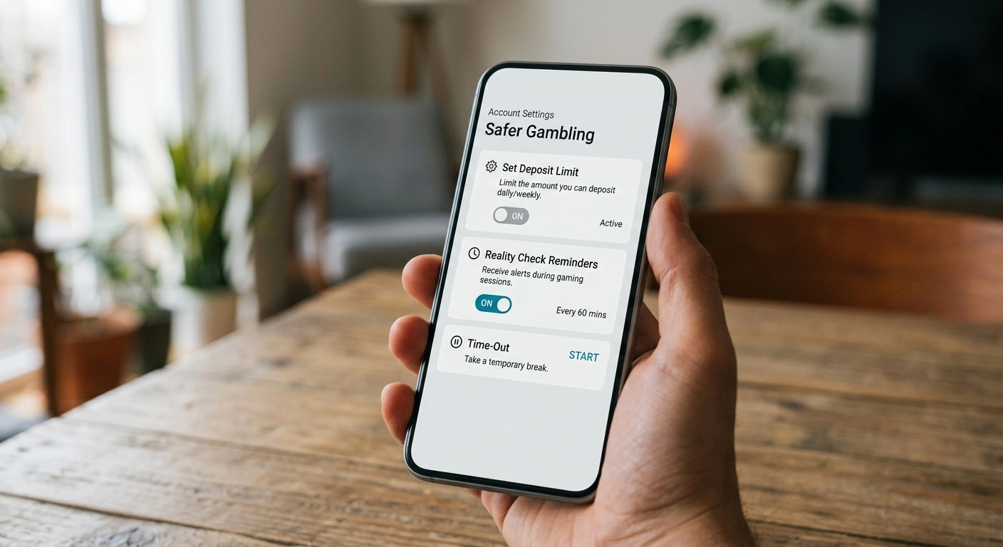 A phone settings screen showing safer-gambling tools such as deposit limits and time-outs