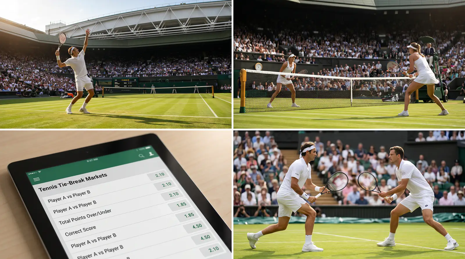 A serve-dominated exchange on Wimbledon grass that pushes a set toward a tie-break