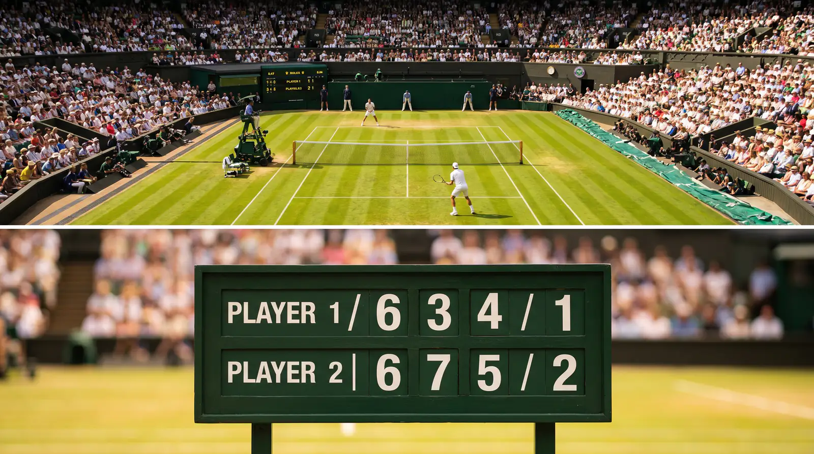A wide view of a Wimbledon grass court with the set score visible on the scoreboard