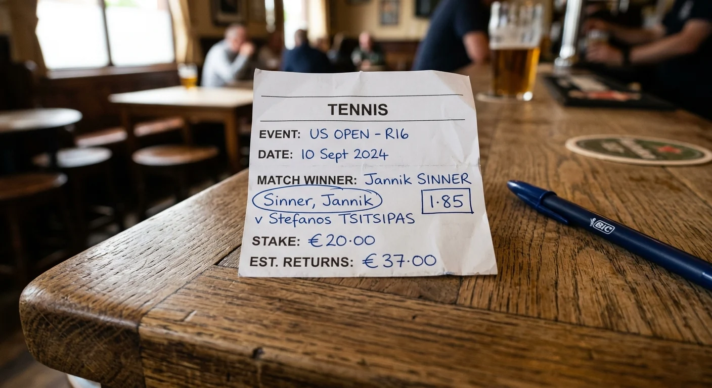 A printed single-match tennis betslip with one player selected at a fixed price