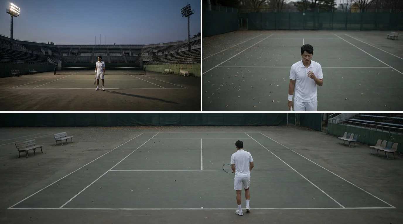 A solitary player waiting to serve on a near-empty court that shows the sport's vulnerability