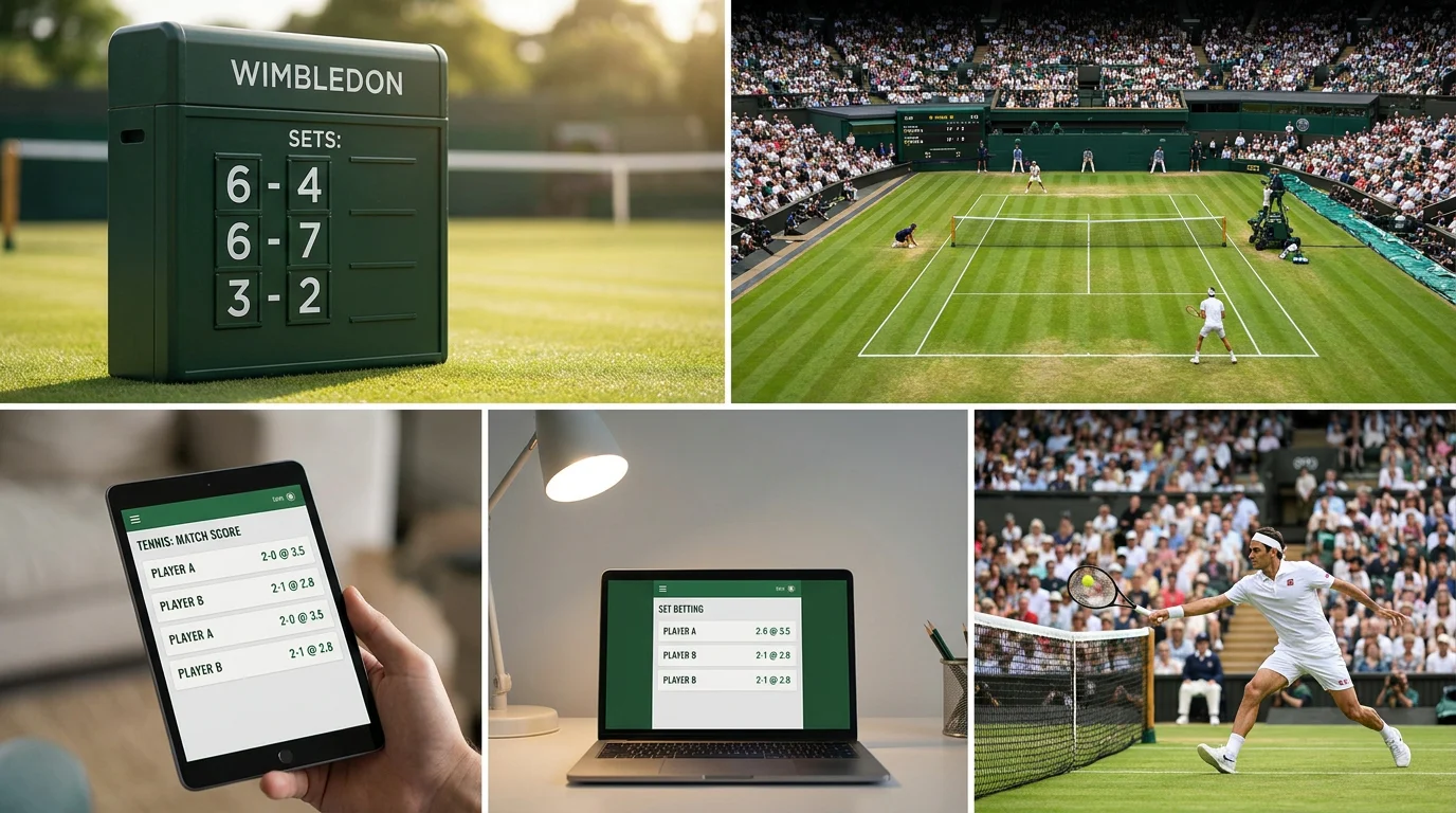 A player closing out a straight-sets win with a final volley on Wimbledon grass
