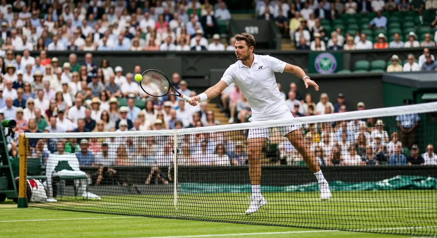 A grass-suited player finishing a point with a crisp net volley on Wimbledon grass