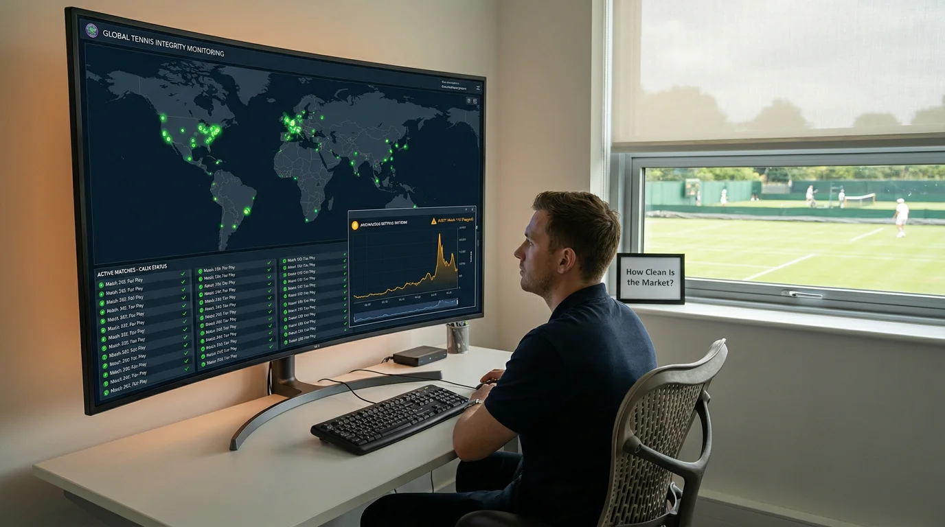 Monitoring screen detecting an unusual betting pattern on a tennis match