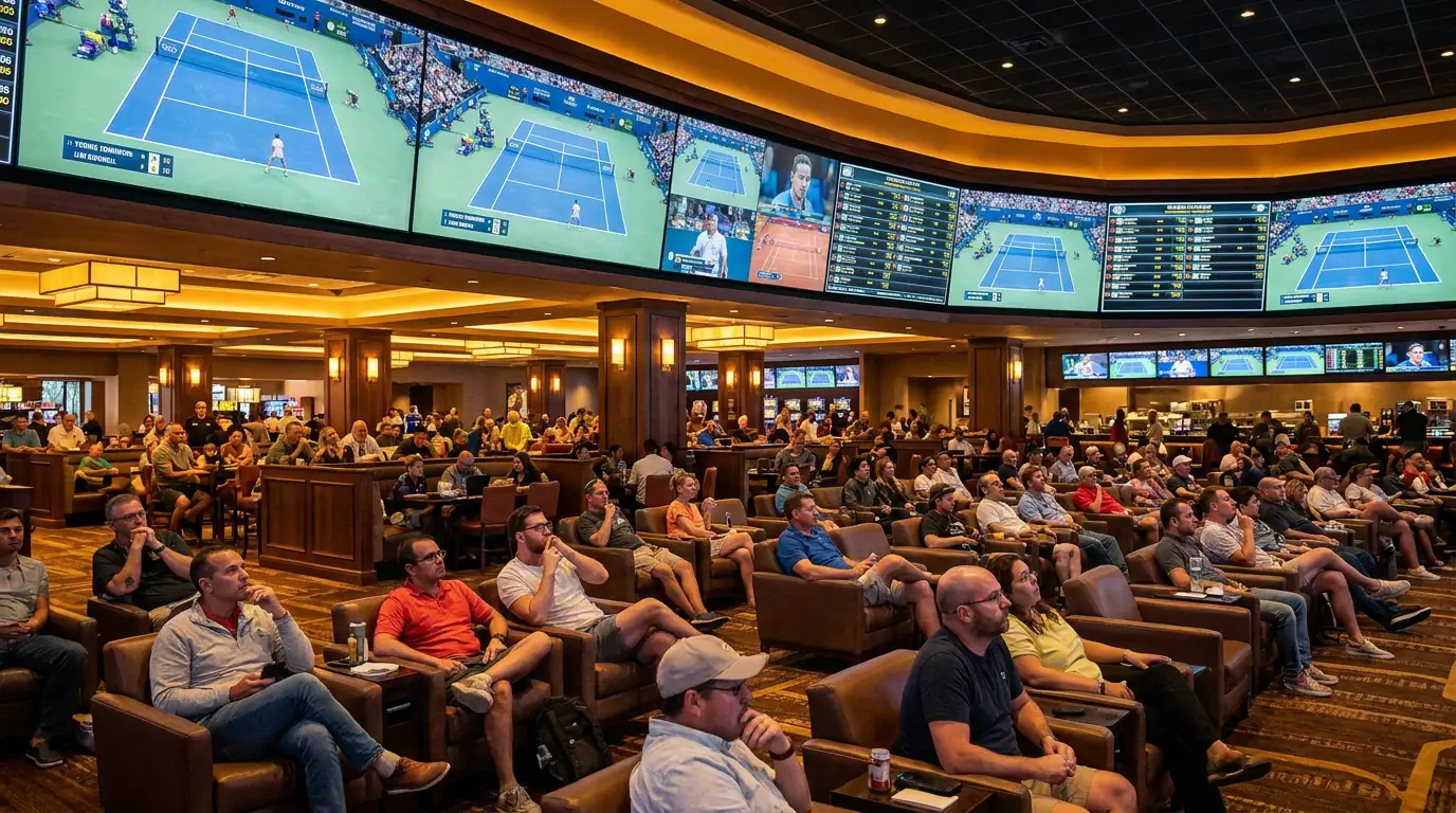 A large betting venue with crowds watching tennis on big screens