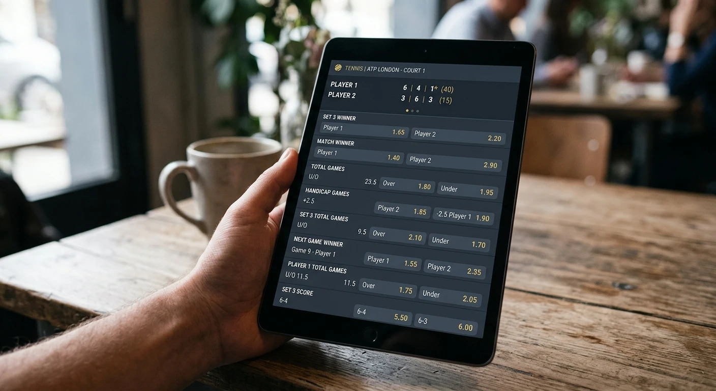 A screen showing the depth of in-play tennis markets for a Wimbledon match