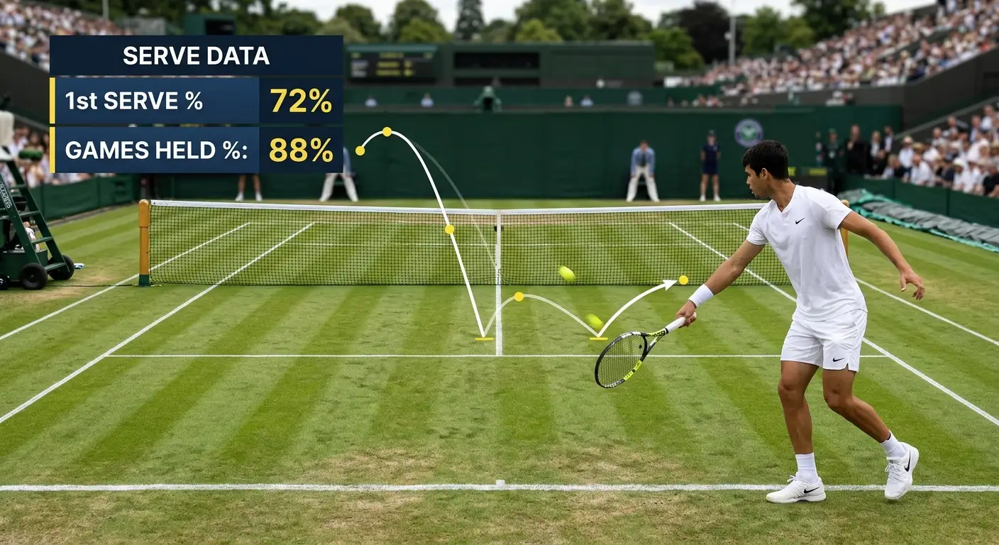 Ball-tracking serve data and first-serve statistics for a grass-court match
