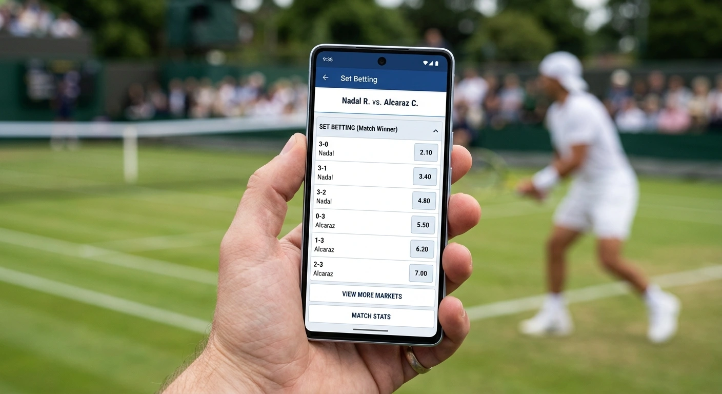 Set betting market listing 3-0, 3-1 and 3-2 correct set scores for a tennis match