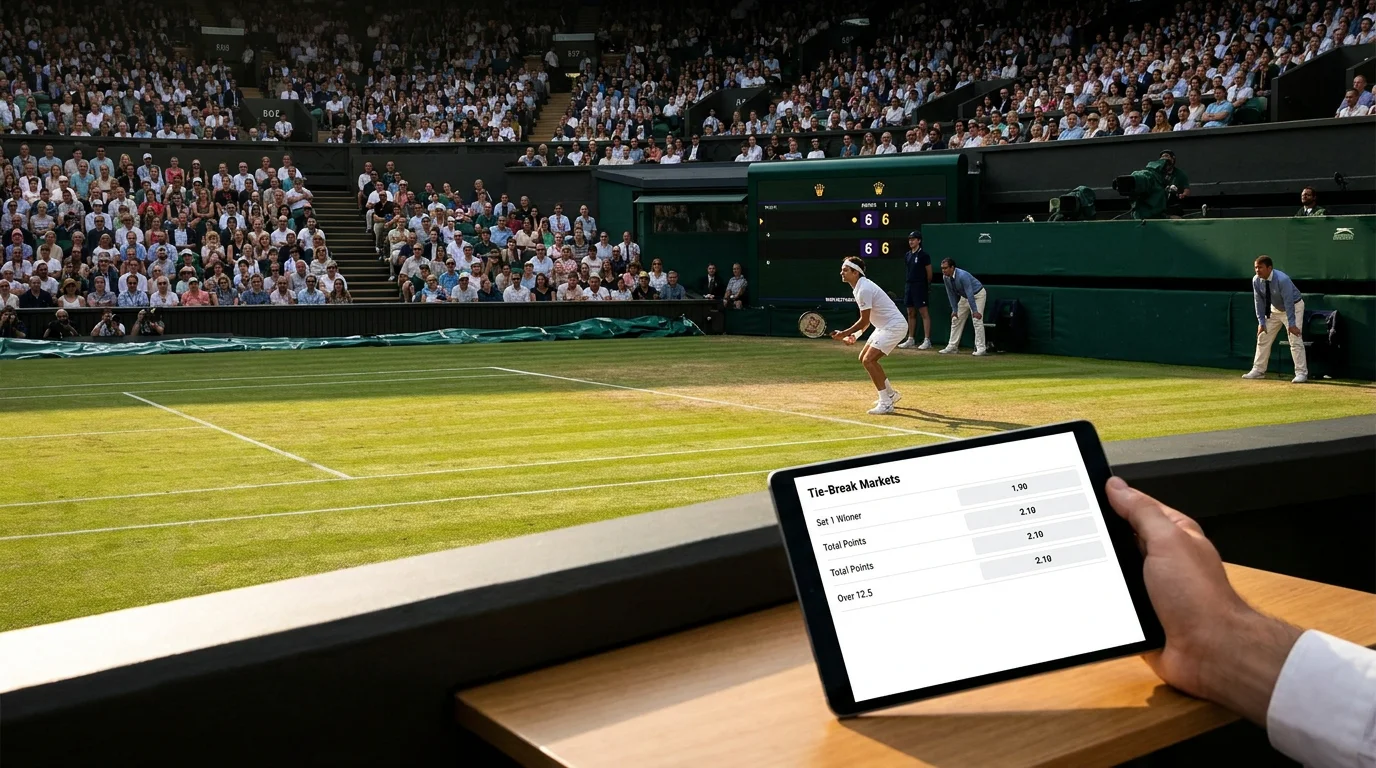 A betting screen listing tie-break markets for a Wimbledon singles match