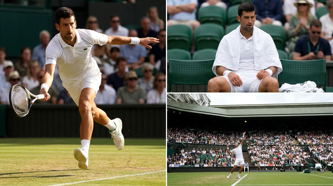 A top-seeded men's player serving on Wimbledon Centre Court in front of a full crowd