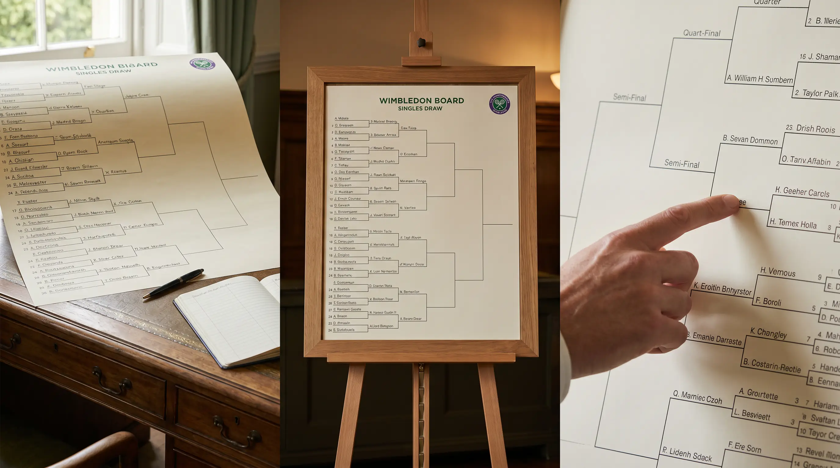 A close view of the quarters and halves on a Wimbledon singles draw sheet