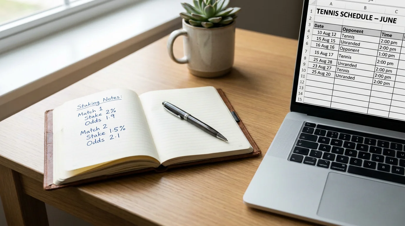 A tidy desk set up for planning a bankroll across the two-week tournament