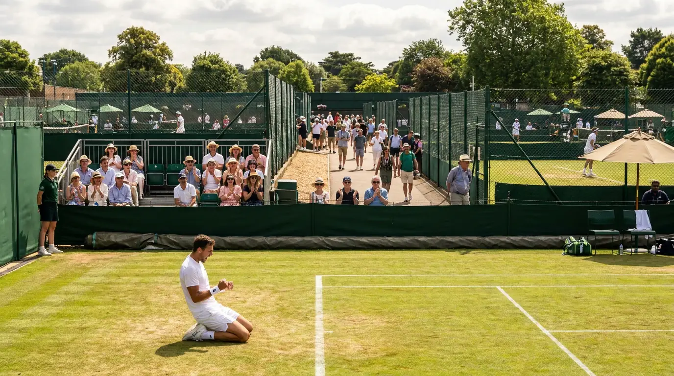 Spectators moving between busy Wimbledon outside courts during week one