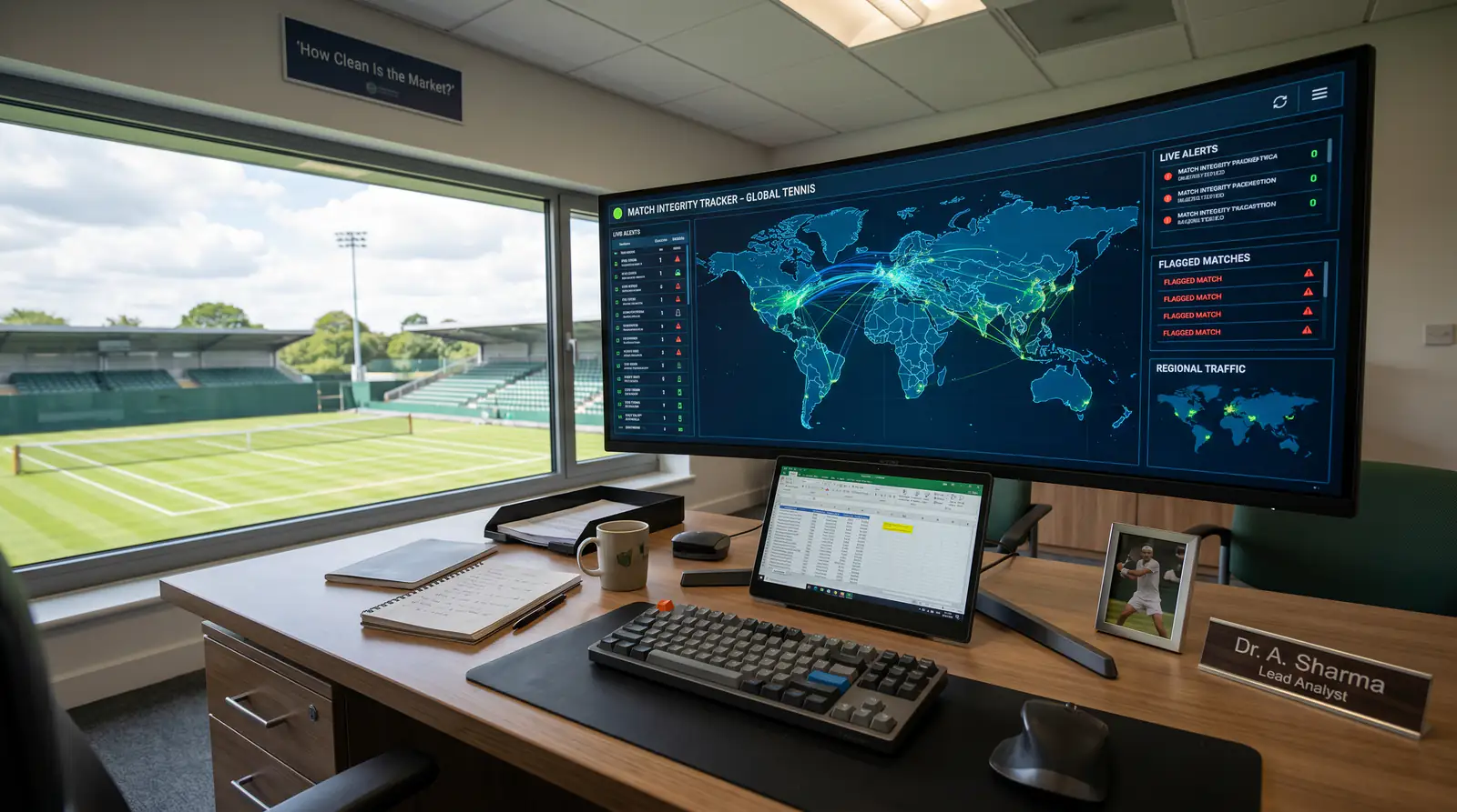 Integrity monitoring screen tracking suspicious tennis betting beside a Wimbledon court