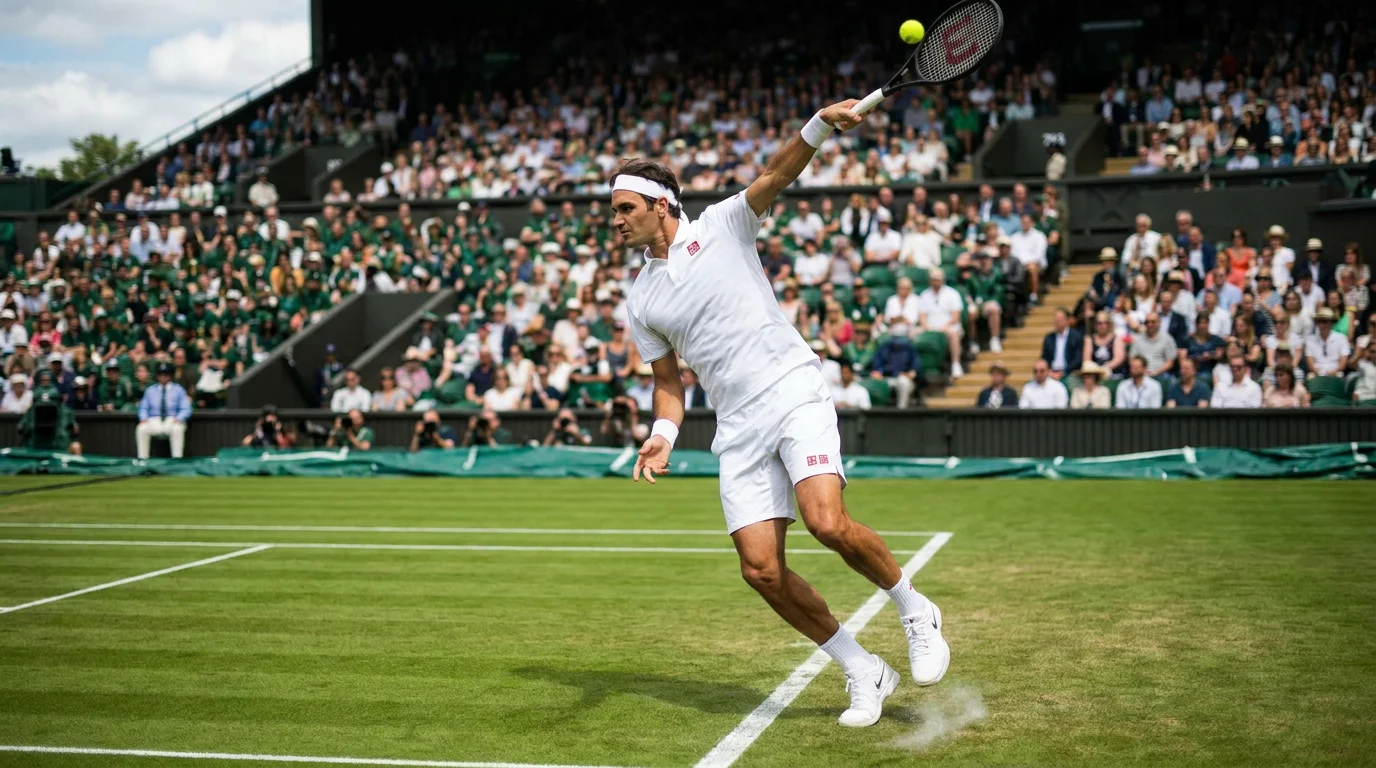 Tennis player serving on a grass court at Wimbledon