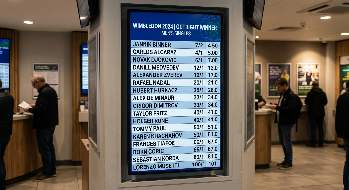 A bookmaker's outright winner board listing many Wimbledon players with their tournament-winner prices