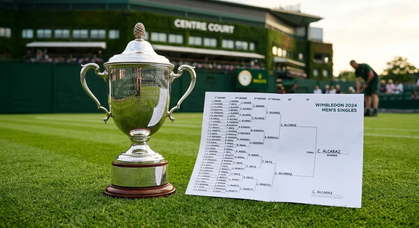 Wimbledon singles trophy beside a tournament draw bracket for outright betting